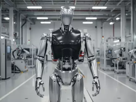 Ein humanoider Optimus-Roboter steht in einer modernen Tesla-Fabrik in Fremont vor einer Produktionslinie. - Foto: über boerse-global.de