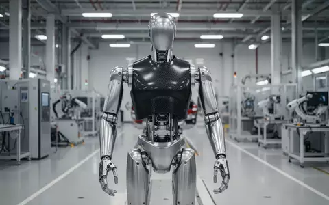 Ein humanoider Optimus-Roboter steht in einer modernen Tesla-Fabrik in Fremont vor einer Produktionslinie. - Foto: über boerse-global.de