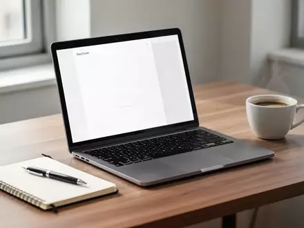 Ein moderner, aufgeräumter Arbeitsplatz mit einem Laptop, Notizbuch und Stift auf einem Holztisch bei natürlichem Licht. - Foto: über boerse-global.de