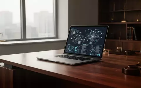 Ein moderner, aufgeräumter Arbeitsplatz in einer Anwaltskanzlei mit einem Laptop, auf dem komplexe Dokumentenstrukturen zu sehen sind. - Foto: über boerse-global.de