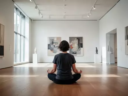Eine Person meditiert in einem hellen, minimalistischen Kunstmuseum vor abstrakten Kunstwerken. - Foto: über boerse-global.de
