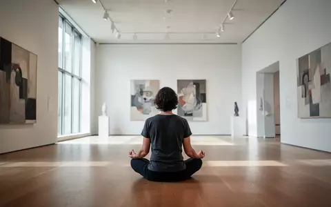 Eine Person meditiert in einem hellen, minimalistischen Kunstmuseum vor abstrakten Kunstwerken. - Foto: über boerse-global.de