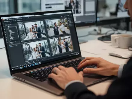 Eine Person arbeitet an einem Laptop in einem modernen Büro an der digitalen Verifizierung von Bildmaterial. - Foto: über boerse-global.de