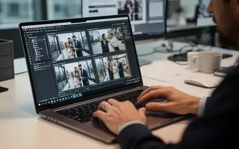 Eine Person arbeitet an einem Laptop in einem modernen Büro an der digitalen Verifizierung von Bildmaterial. - Foto: über boerse-global.de
