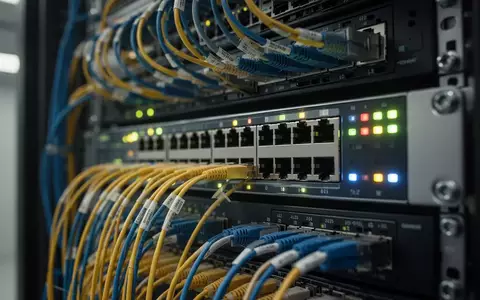 Ein hochmoderner Netzwerk-Switch in einem Rechenzentrum mit zahlreichen Glasfaserkabeln und leuchtenden Status-LEDs. - Foto: über boerse-global.de