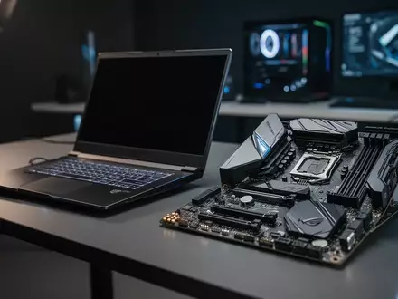 Ein hochwertiger Gaming-Laptop und eine PC-Hauptplatine auf einem modernen Schreibtisch in einer professionellen Arbeitsumgebung. - Foto: über boerse-global.de