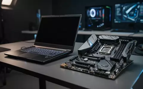 Ein hochwertiger Gaming-Laptop und eine PC-Hauptplatine auf einem modernen Schreibtisch in einer professionellen Arbeitsumgebung. - Foto: über boerse-global.de