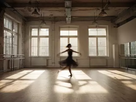 Ein lichtdurchflutetes Tanzstudio in Berlin-Kreuzberg mit Holzboden und einer in Bewegung verschwommenen Person. - Foto: über boerse-global.de