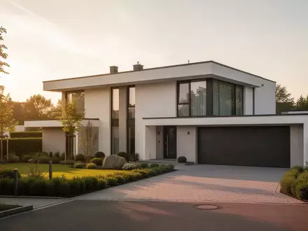 Modernes, minimalistisches Wohnhaus in einer gehobenen Wohngegend bei Sonnenuntergang. - Foto: über boerse-global.de