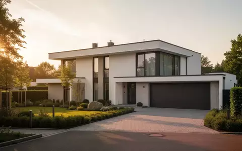 Modernes, minimalistisches Wohnhaus in einer gehobenen Wohngegend bei Sonnenuntergang. - Foto: über boerse-global.de