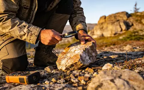 Geologe untersucht eine mineralhaltige Gesteinsprobe in einer felsigen Landschaft bei Sonnenuntergang. - Foto: über boerse-global.de