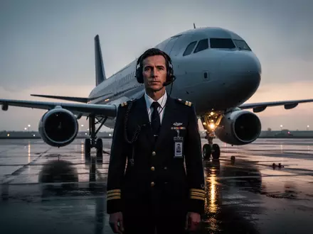 Ein Pilot in Uniform steht bei Dämmerung vor einem Verkehrsflugzeug auf dem Rollfeld eines Flughafens. - Foto: über boerse-global.de