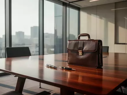 Ein minimalistischer Konferenztisch in einem modernen Büro mit einer Aktentasche und einem Füllfederhalter. - Foto: über boerse-global.de