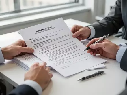 Hände beim Prüfen eines Arbeitsvertrags an einem aufgeräumten Schreibtisch bei Tageslicht. - Foto: über boerse-global.de