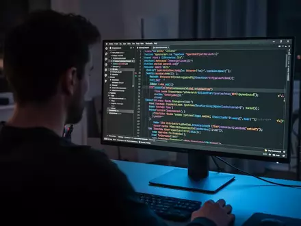 Ein Softwareentwickler arbeitet in einem abgedunkelten Büro an einem Monitor mit komplexem Programmiercode. - Foto: über boerse-global.de