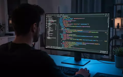 Ein Softwareentwickler arbeitet in einem abgedunkelten Büro an einem Monitor mit komplexem Programmiercode. - Foto: über boerse-global.de