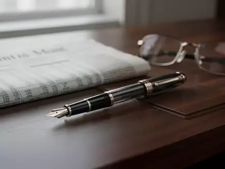 Ein hochwertiger Füllfederhalter auf einem dunklen Schreibtisch neben einer Finanzzeitung bei natürlichem Tageslicht. - Foto: über boerse-global.de
