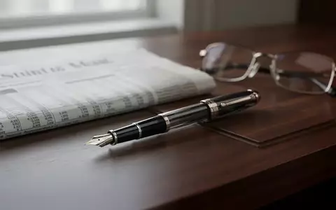 Ein hochwertiger Füllfederhalter auf einem dunklen Schreibtisch neben einer Finanzzeitung bei natürlichem Tageslicht. - Foto: über boerse-global.de