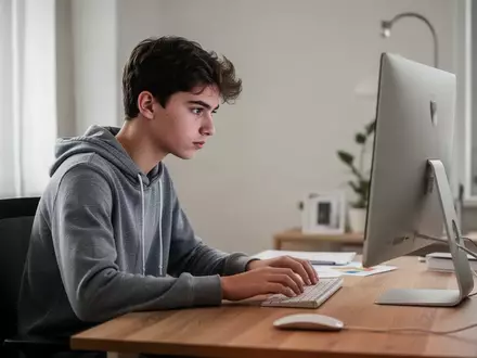 Ein Jugendlicher arbeitet konzentriert an einem Computer in einem hellen Raum, symbolisch für die kognitive Auseinandersetzung. - Foto: über boerse-global.de