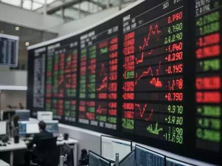 Blick auf ein modernes Börsenparkett mit unscharfen Lichtsignalen, die eine angespannte Marktstimmung symbolisieren. - Foto: über boerse-global.de