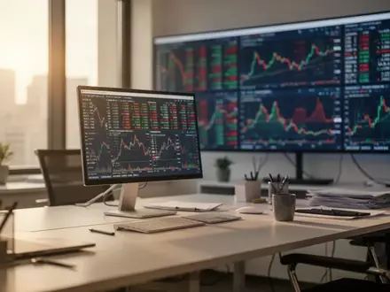 Ein moderner, verschwommener Arbeitsplatz im Büro mit einem Börsenmonitor im Hintergrund. - Foto: über boerse-global.de