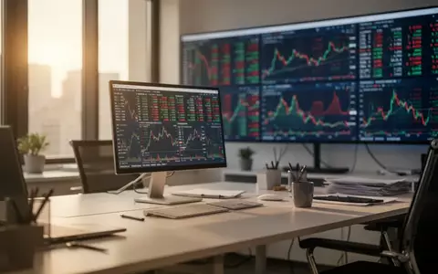 Ein moderner, verschwommener Arbeitsplatz im Büro mit einem Börsenmonitor im Hintergrund. - Foto: über boerse-global.de