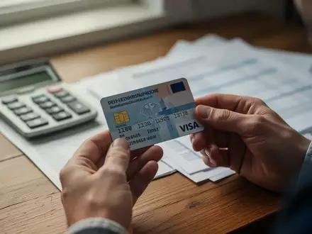 Nahaufnahme einer Versichertenkarte auf einem Schreibtisch mit Taschenrechner und Unterlagen. - Foto: über boerse-global.de