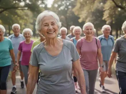 Eine Gruppe fröhlicher Senioren bei einem gemeinsamen Spaziergang in einem sonnigen Park zur Förderung der Gesundheit. - Foto: über boerse-global.de