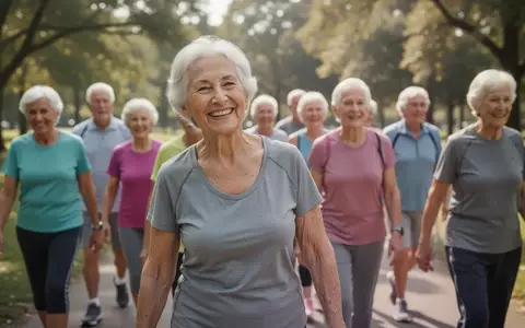 Eine Gruppe fröhlicher Senioren bei einem gemeinsamen Spaziergang in einem sonnigen Park zur Förderung der Gesundheit. - Foto: über boerse-global.de