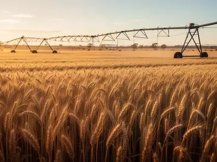 Weites, goldenes Weizenfeld in Australien bei Sonnenuntergang mit Bewässerungsanlagen im Hintergrund. - Foto: über boerse-global.de