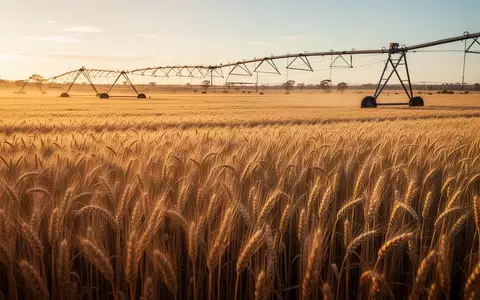 Weites, goldenes Weizenfeld in Australien bei Sonnenuntergang mit Bewässerungsanlagen im Hintergrund. - Foto: über boerse-global.de