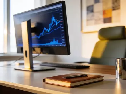 Ein moderner, professioneller Büroarbeitsplatz mit verschwommenen Finanzdaten auf einem Monitor. - Foto: über boerse-global.de