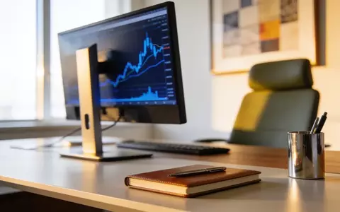 Ein moderner, professioneller Büroarbeitsplatz mit verschwommenen Finanzdaten auf einem Monitor. - Foto: über boerse-global.de