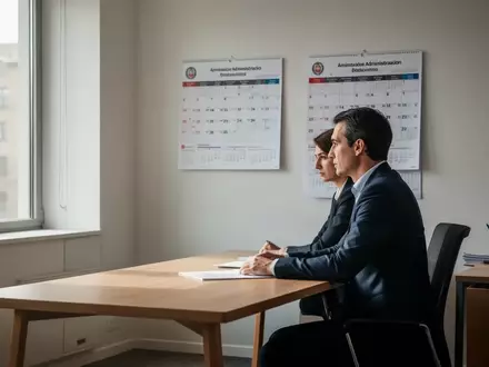 Eine Person am Schreibtisch in einem modernen Büro, die nachdenklich auf einen Kalender blickt. - Foto: über boerse-global.de
