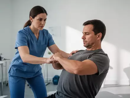 Physiotherapeut bei der Anleitung eines Patienten zur isometrischen Übung zur Stärkung der Rumpfmuskulatur in einer Praxis. - Foto: über boerse-global.de