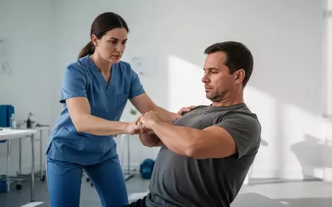 Physiotherapeut bei der Anleitung eines Patienten zur isometrischen Übung zur Stärkung der Rumpfmuskulatur in einer Praxis. - Foto: über boerse-global.de