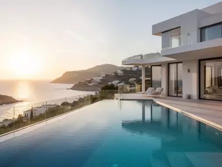 Moderne Ferienvilla mit Swimmingpool an einer Mittelmeerküste bei Sonnenuntergang. - Foto: über boerse-global.de