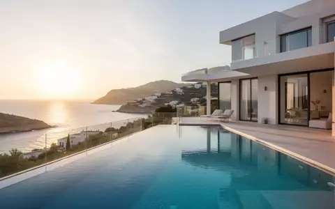 Moderne Ferienvilla mit Swimmingpool an einer Mittelmeerküste bei Sonnenuntergang. - Foto: über boerse-global.de