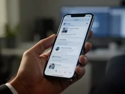 Eine Hand hält ein Smartphone in einer Büroumgebung, während der Nutzer auf einem unscharfen Display eine Nachricht betrachtet. - Foto: über boerse-global.de