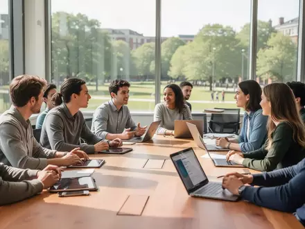 Dozent und Studierende in einem hellen Seminarraum bei einer gemeinsamen Arbeit an digitalen Geräten an der Universität. - Foto: über boerse-global.de