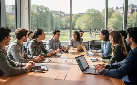 Dozent und Studierende in einem hellen Seminarraum bei einer gemeinsamen Arbeit an digitalen Geräten an der Universität. - Foto: über boerse-global.de