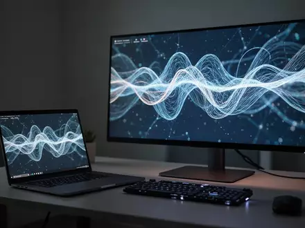 Ein moderner Arbeitsplatz mit einem Laptop und einem Monitor, der abstrakte digitale KI-Visualisierungen anzeigt. - Foto: über boerse-global.de