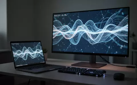 Ein moderner Arbeitsplatz mit einem Laptop und einem Monitor, der abstrakte digitale KI-Visualisierungen anzeigt. - Foto: über boerse-global.de