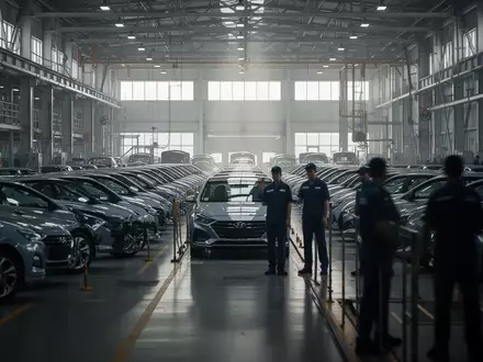 Produktionshalle eines Automobilwerks mit unkenntlichen Arbeitern vor einer Fertigungslinie. - Foto: über boerse-global.de