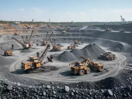 Großaufnahme eines Tagebau-Bergwerks mit schwerem Gerät und Gesteinsvorkommen bei Tageslicht. - Foto: über boerse-global.de