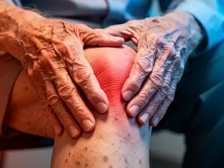 Nahaufnahme einer Hand, die sanft auf einem schmerzenden Knie ruht, zur Veranschaulichung der physikalischen Therapie bei Arthrose. - Foto: über boerse-global.de