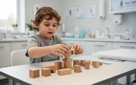 Ein Kind bei einer spielerischen motorischen Übung in einer Arztpraxis. - Foto: über boerse-global.de