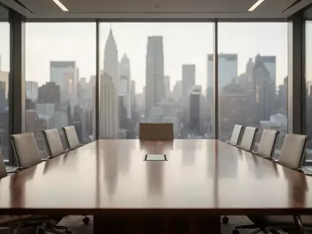 Ein minimalistischer Konferenzraum in einem modernen Bürogebäude mit Blick auf die Skyline bei natürlichem Tageslicht. - Foto: über boerse-global.de