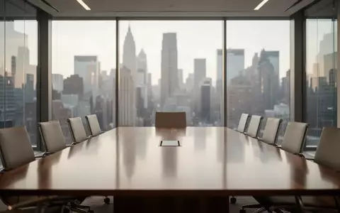 Ein minimalistischer Konferenzraum in einem modernen Bürogebäude mit Blick auf die Skyline bei natürlichem Tageslicht. - Foto: über boerse-global.de