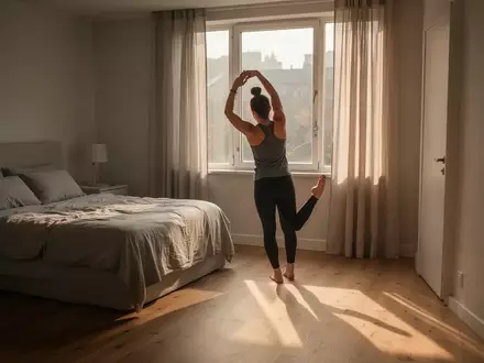 Eine Person führt bei sanftem Morgenlicht in einem minimalistischen Schlafzimmer leichte Dehnübungen aus. - Foto: über boerse-global.de